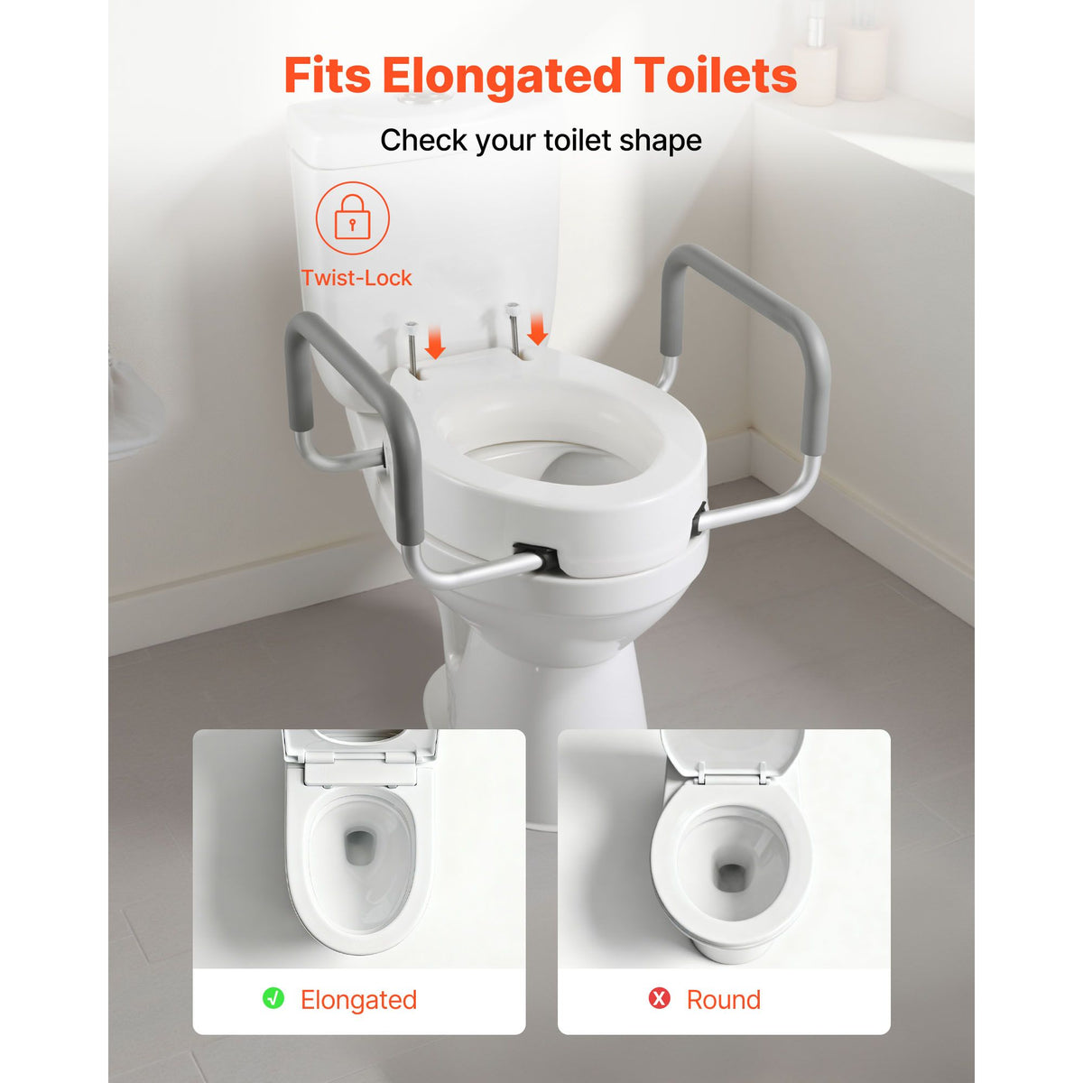 Raised Toilet Seat with Arms, 136.1 kg Load Capacity, 88.9 mm Lift Height, Widened Commode Elevated Toilet Seat Riser with Padded Handles for Seniors, Elderly, Handicap, Disabled, and Adults