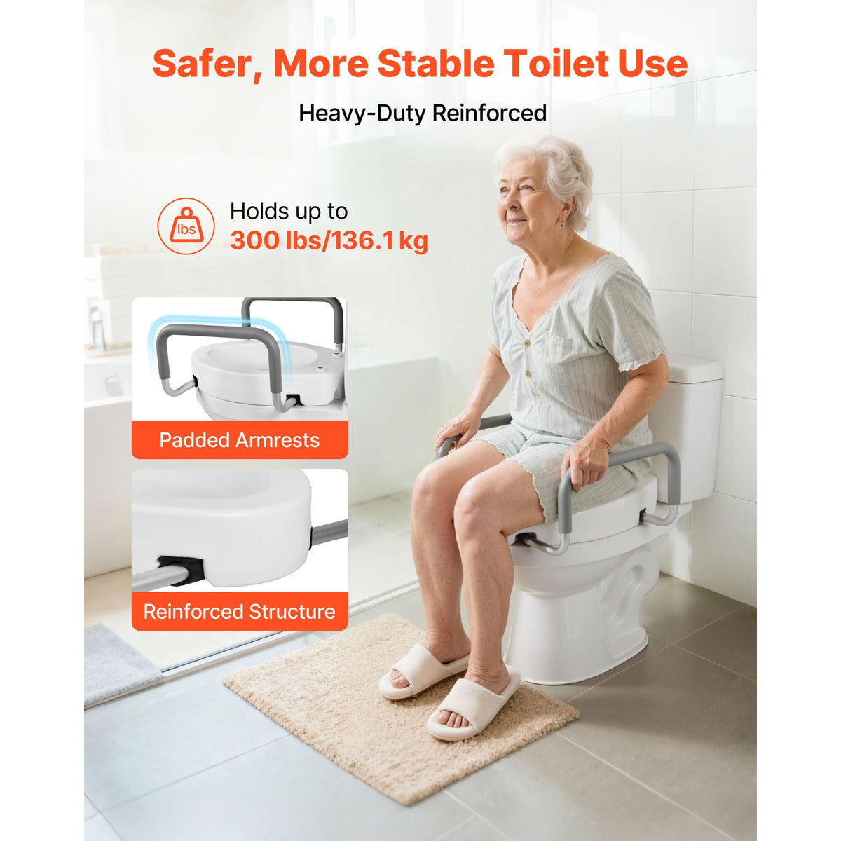 Raised Toilet Seat with Arms, 136.1 kg Load Capacity, 88.9 mm Lift Height, Widened Commode Elevated Toilet Seat Riser with Padded Handles for Seniors, Elderly, Handicap, Disabled, and Adults