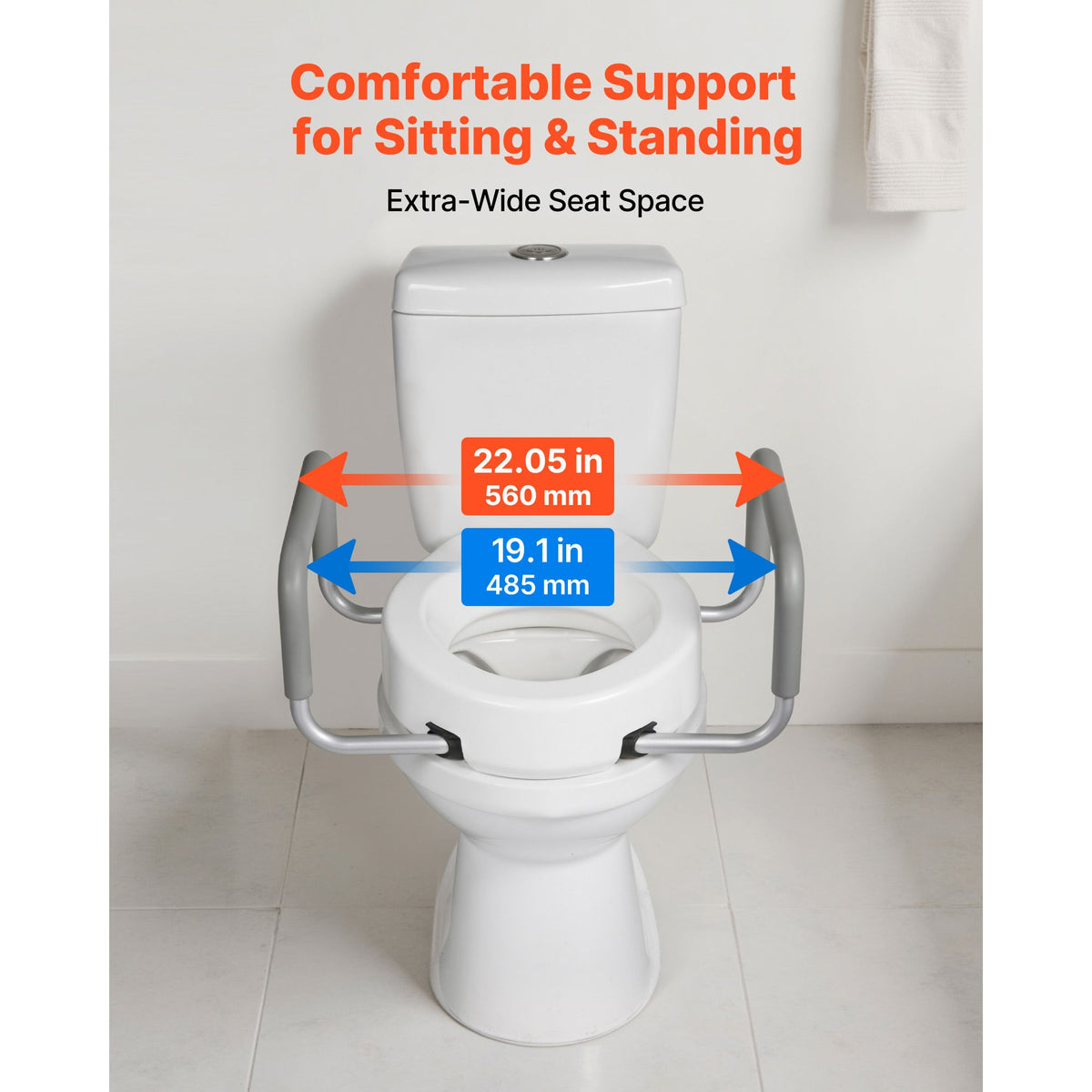 Raised Toilet Seat with Arms, 136.1 kg Load Capacity, 88.9 mm Lift Height, Widened Commode Elevated Toilet Seat Riser with Padded Handles for Seniors, Elderly, Handicap, Disabled, and Adults