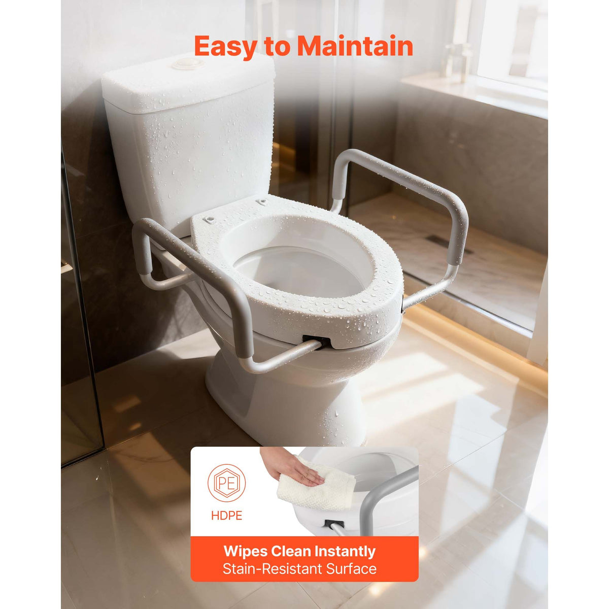Raised Toilet Seat with Arms, 136.1 kg Load Capacity, 88.9 mm Lift Height, Widened Commode Elevated Toilet Seat Riser with Padded Handles for Seniors, Elderly, Handicap, Disabled, and Adults