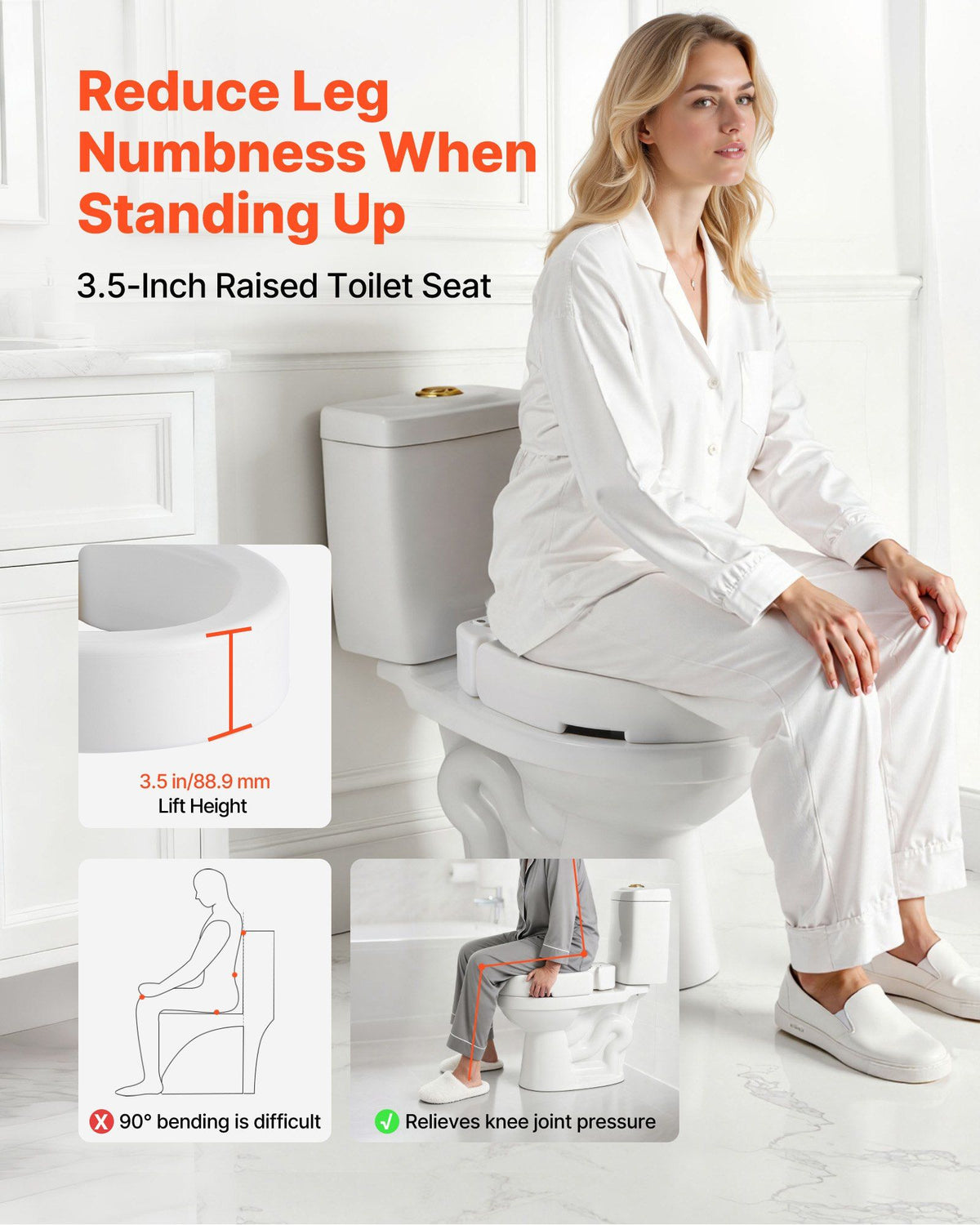 Raised Toilet Seat, 136.1 kg Load Capacity, 88.9 mm Lift Height, Commode Elevated Toilet Seat Riser with Enlarged Opening for Seniors, Elderly, Handicap, Disabled, and Adults, Fits Round Bowl