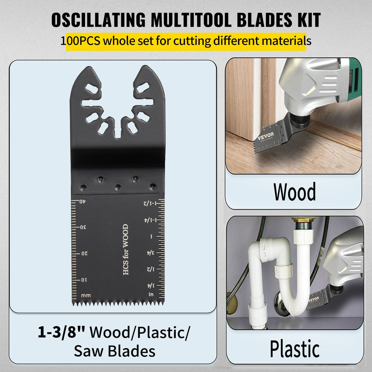100PCS Oscillating Saw Blades, Quick Release Multitool Blades Kit, HCS Tool Blades for Wood Plastic, Compatible with Dewalt Dremel Fein Worx Bosch Makita Milwaukee