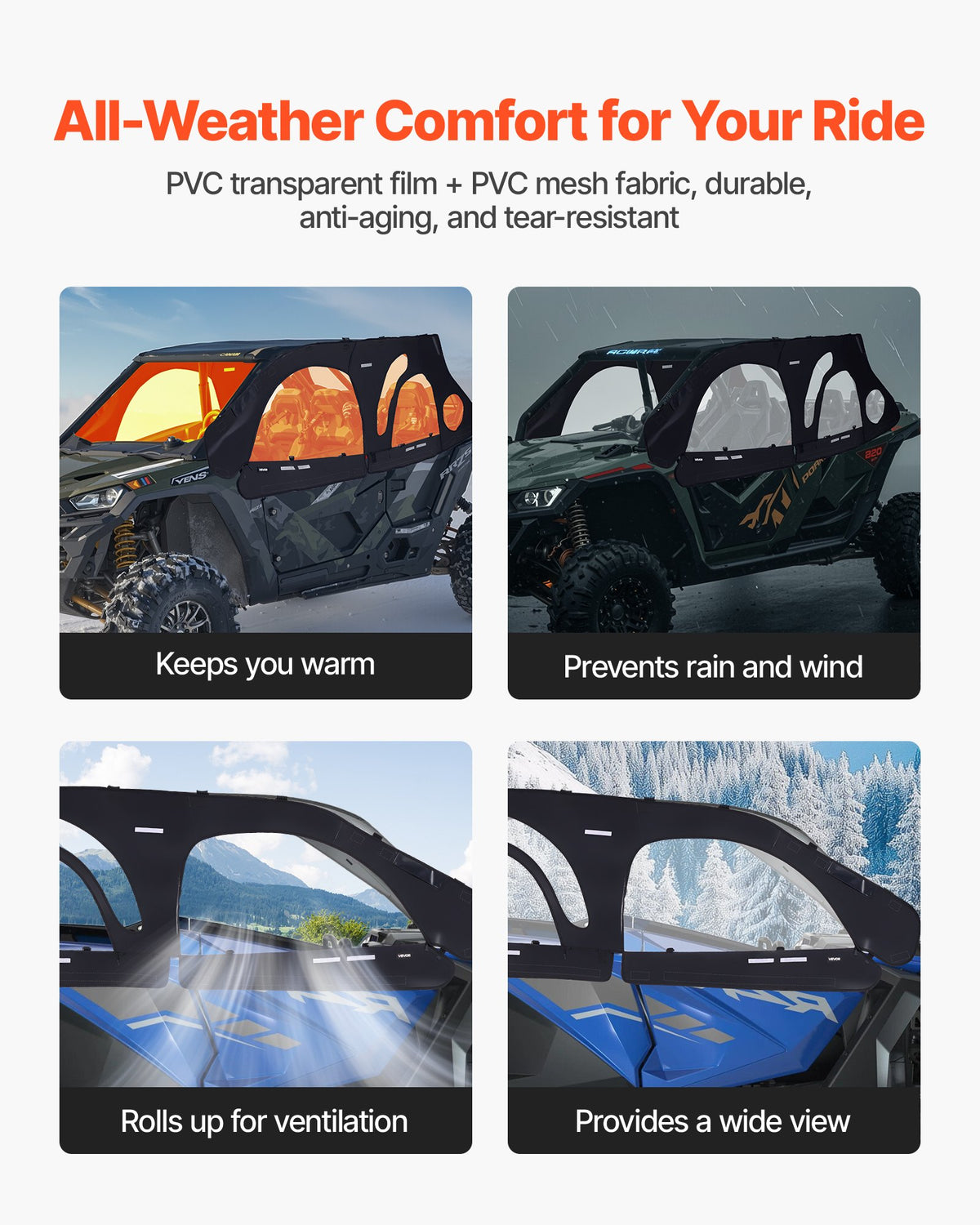 Cab Enclosure Upper Doors, Compatible with Polaris RZR PRO 2020-2024/Polaris RZR Turbo2022-2024, Soft Upper Doors, Upgraded Zipper UTV Soft Side Window Kit, Fit with Side Mirrors and Windshields