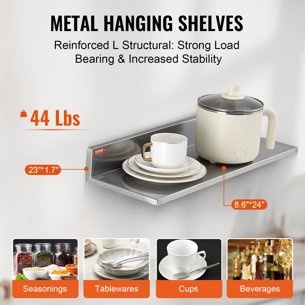 8.6" x 24" Stainless Steel Shelf, Wall Mounted Floating Shelving with Backsplash, 44 lbs Load Capacity Commercial Shelves, Heavy Duty Storage Rack for Restaurant, Kitchen, Bar, Home, and Hotel (2 Packs)