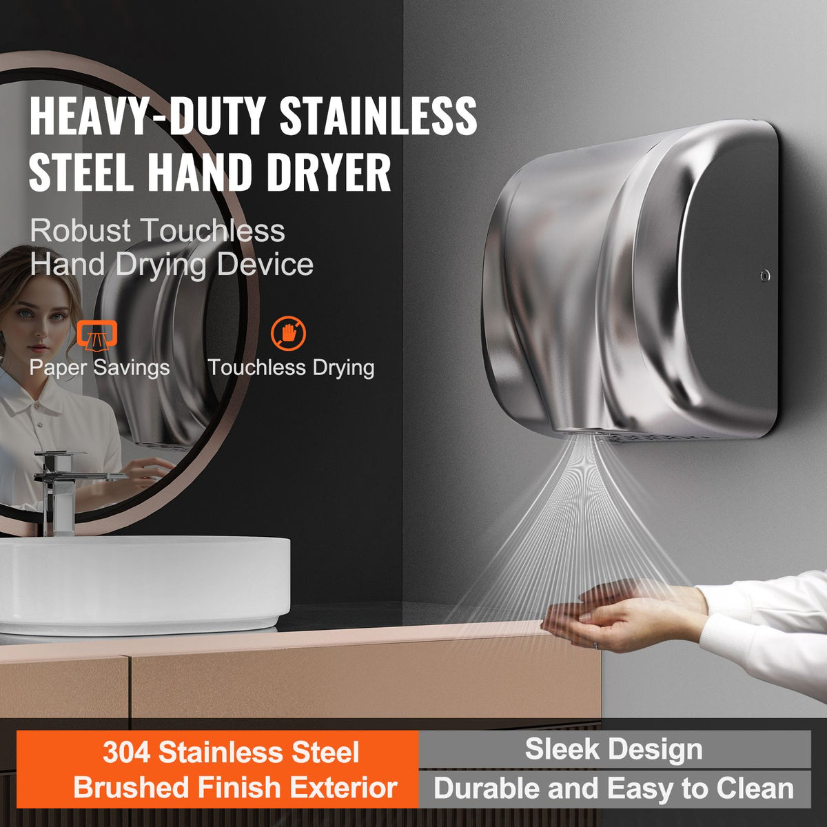 Heavy Duty Commercial Hand Dryer, 1800W Automatic High Speed Stainless Steel Warm Wind Hand Blower, 220V-240V Plug In/Hardwired Two Power Options, Compliant for Industry Business Restrooms