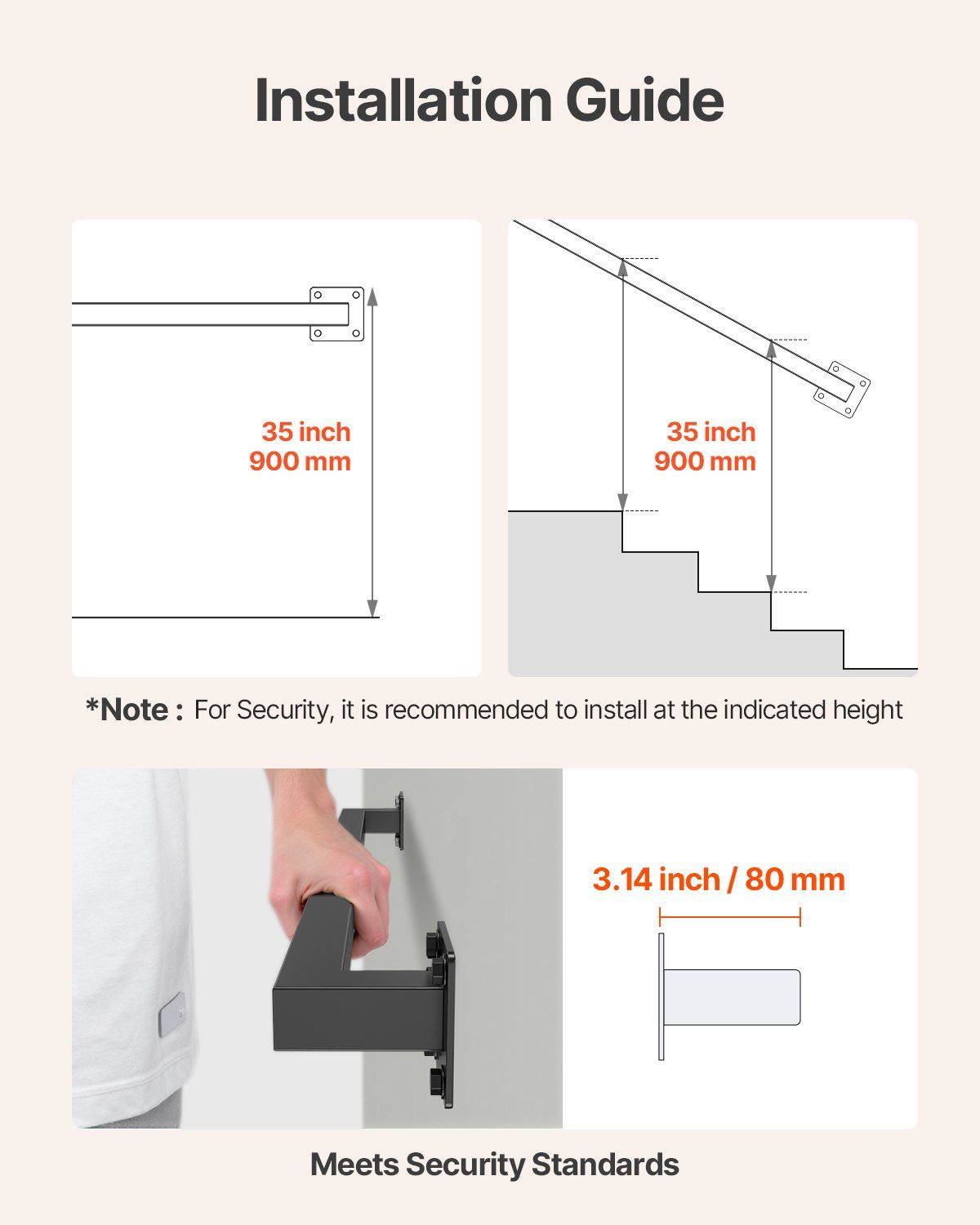 Wall Mounted Stair Handrail, 910mm Black Iron Staircase Handrail Indoor, 113kg Load Capacity, Industrial Railing Hand Rail for Steps,  Square Tube for Loft Porch Deck, 2 Sections