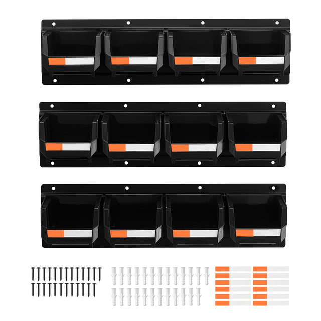 12 Plastic Bins 3 Metal Rails Wall-Mounted Storage Organizer