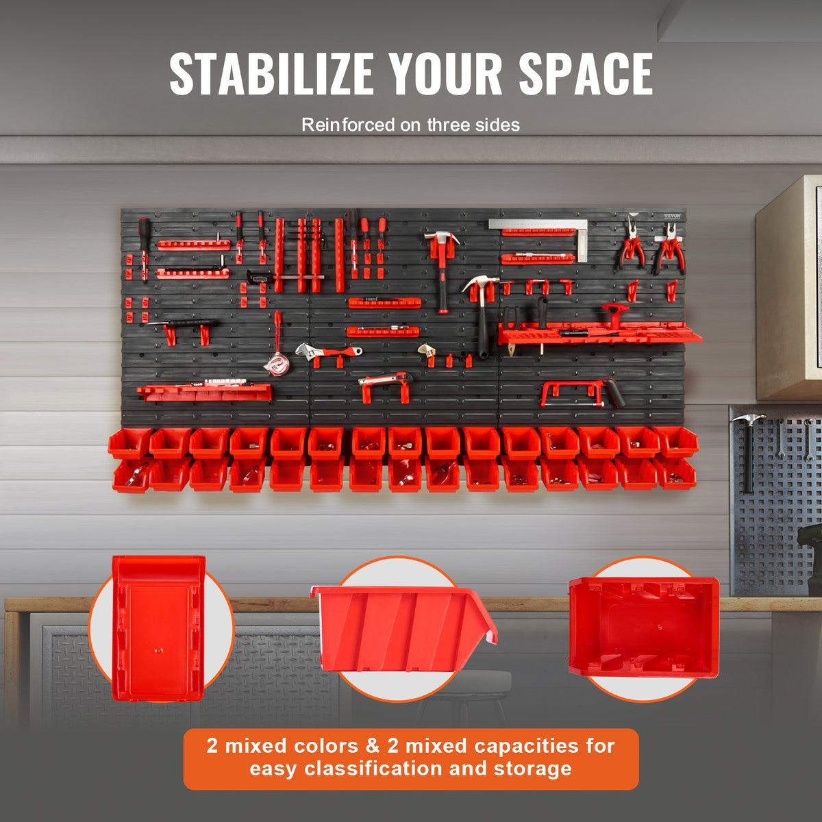 Wall Mounted Storage Bins, 30-Bin Parts Rack Organizer Garage Plastic Shop Tool with Wall Panels/Tool Holders/Hooks, Tool Organizer for Nuts, Bolts, Screws, Nails, Beads, Buttons, Black and Red