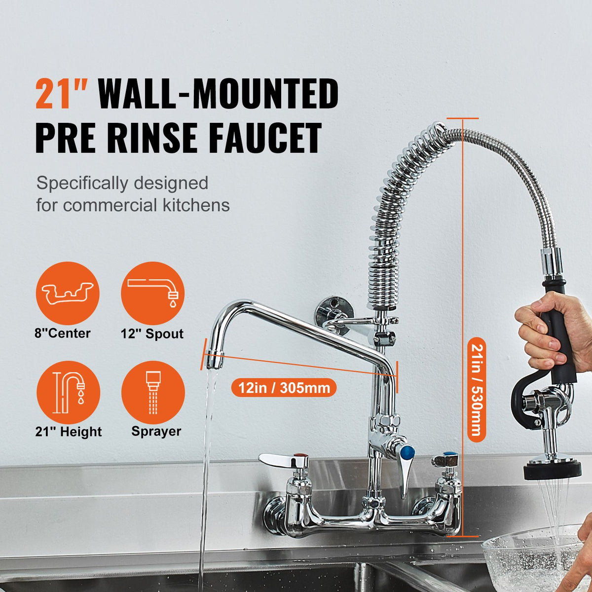 Commercial Faucet with Pre-Rinse Sprayer, 21" Height, 8" Center, 12" Swing Spout, Wall Mount Kitchen Sink Faucet, Brass Constructed Device with Pull Down Spray, for 1/2/3 Compartment Sink