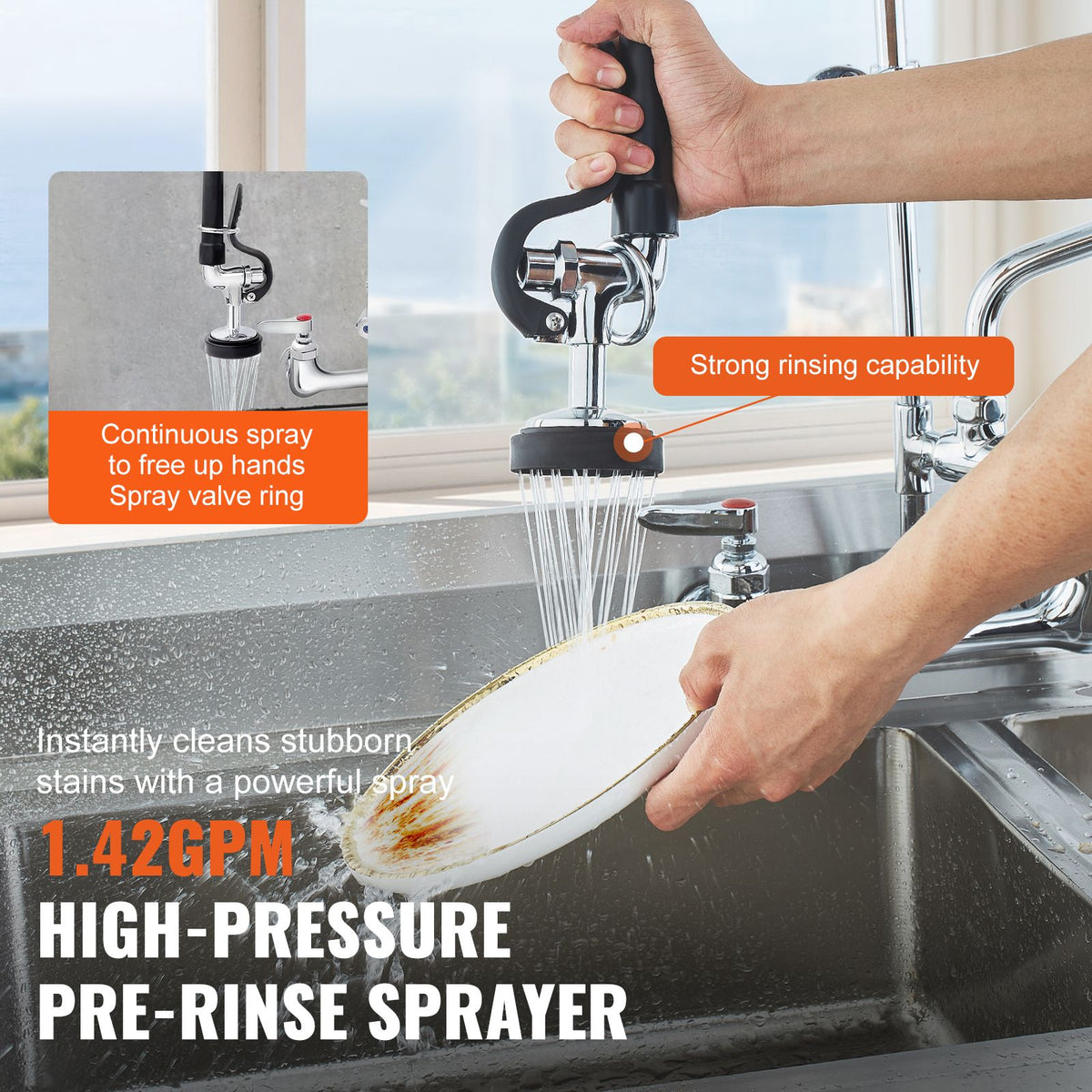 Commercial Faucet with Pre-Rinse Sprayer, 21" Height, 8" Center, 12" Swing Spout, Wall Mount Kitchen Sink Faucet, Brass Constructed Device with Pull Down Spray, for 1/2/3 Compartment Sink