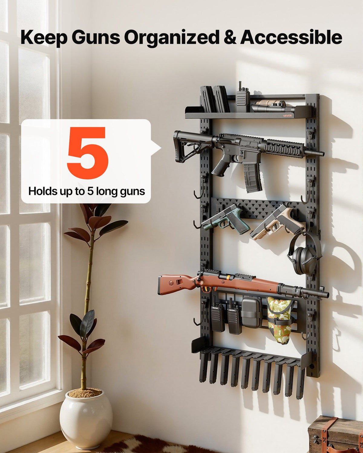 Gun Rack Wall Mount, Heavy Duty Steel, Indoor Rifle Shotgun Rack with Magazine Holder, MOLLE Panel, Gun Accessories Display Storage Holder, Hold Up to 5 Rifles or Shotguns, for Tactical Gear