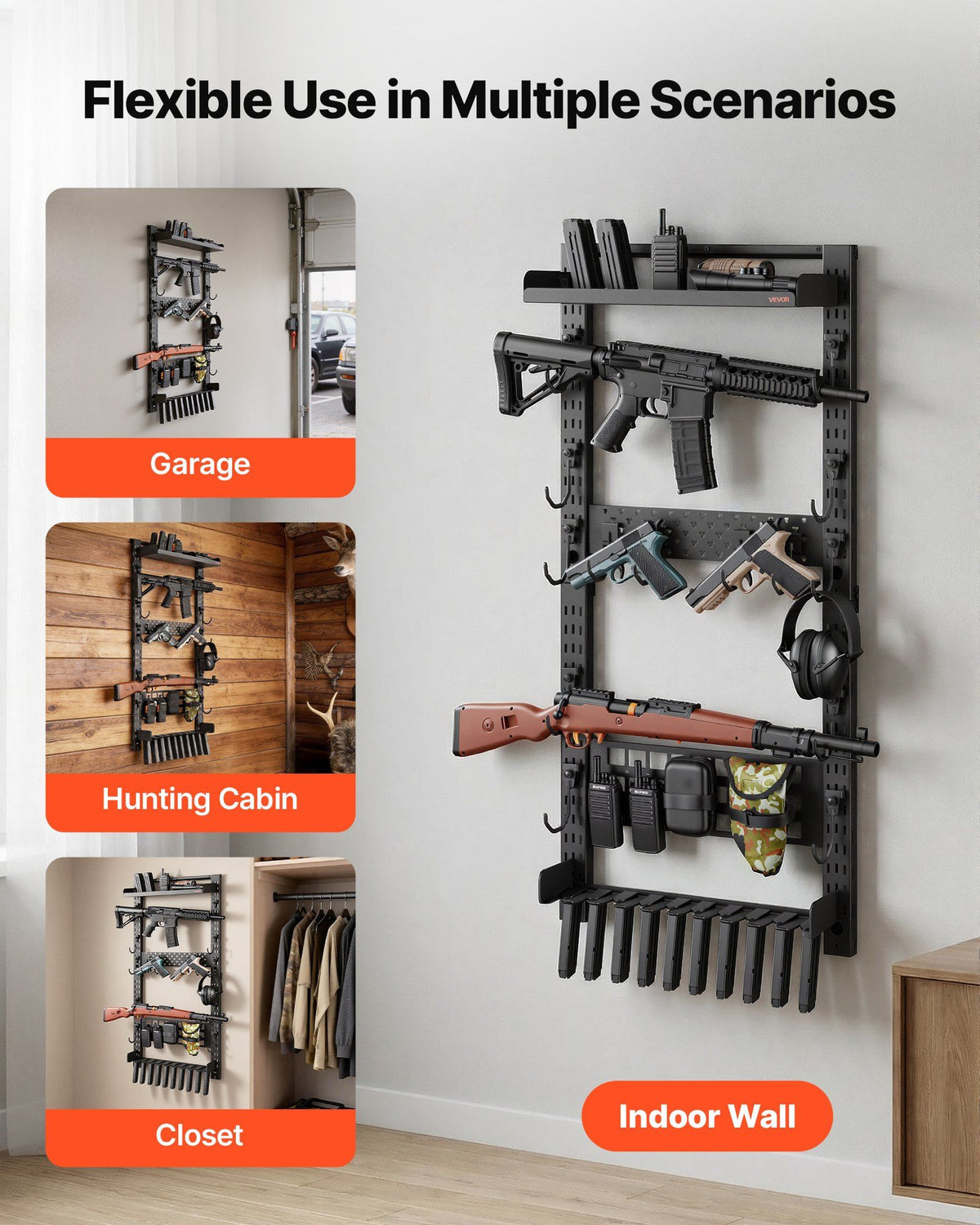 Gun Rack Wall Mount, Heavy Duty Steel, Indoor Rifle Shotgun Rack with Magazine Holder, MOLLE Panel, Gun Accessories Display Storage Holder, Hold Up to 5 Rifles or Shotguns, for Tactical Gear