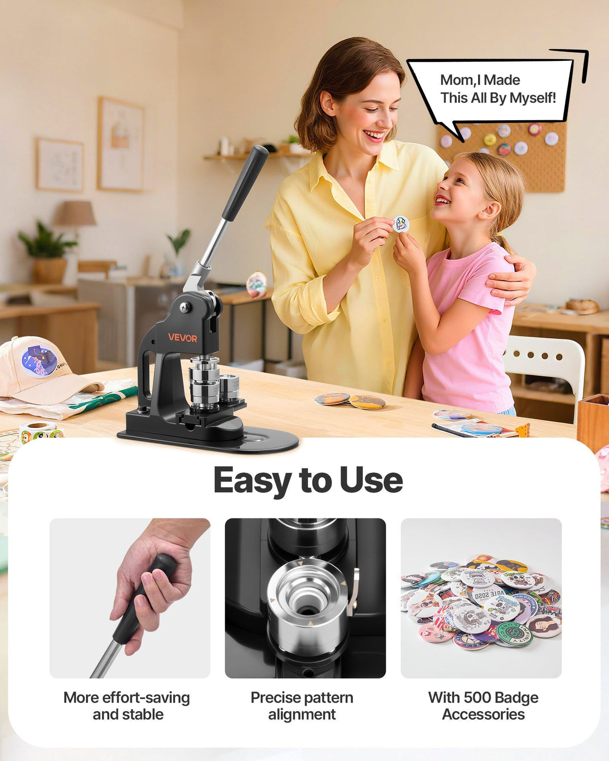 Button Maker Machine, 25 mm, Pin Maker Machine with 500pcs Button Parts, Circle Cutter, Hex Wrenches and Magic Book, Ergonomic Handle, for DIY Badges, Personalized Pins and Key Chains, Black