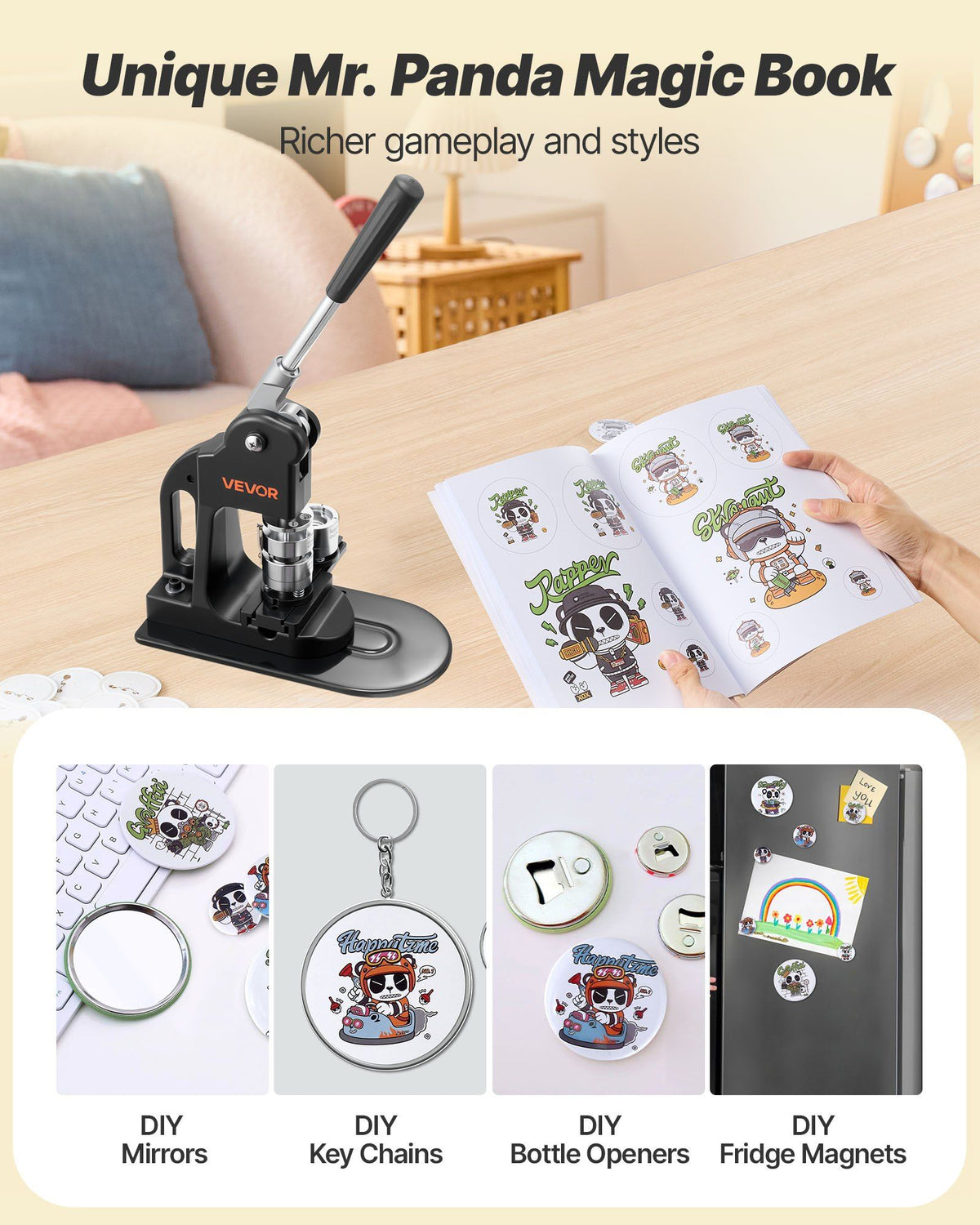 Button Maker Machine, 25 mm, Pin Maker Machine with 500pcs Button Parts, Circle Cutter, Hex Wrenches and Magic Book, Ergonomic Handle, for DIY Badges, Personalized Pins and Key Chains, Black