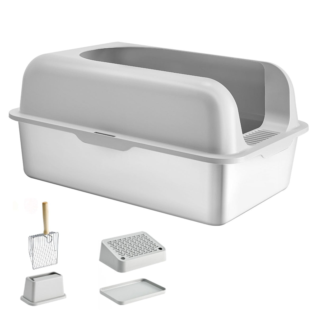 Cat Litter Box, 152 mm Deep, XL Extra Large Stainless Steel Cat Litter Box with Scoop, Wide Filtering Foot Board & High Sides, Enclosed Odor-Free Easy-to-Clean Litter Box, Fit for Big Cats