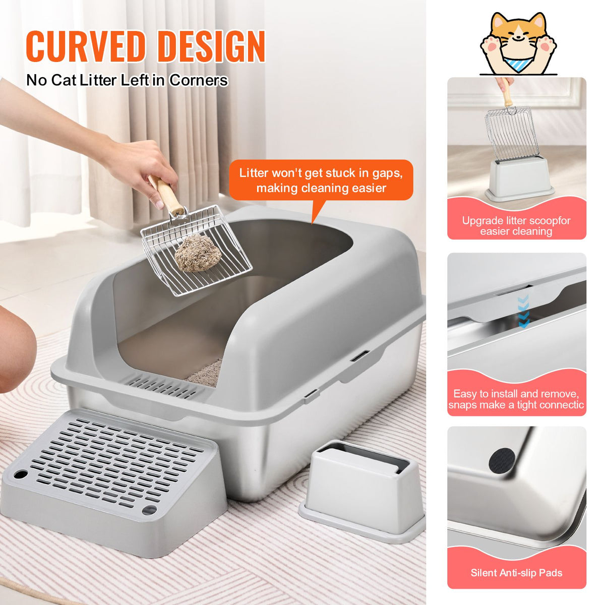 Cat Litter Box, 152 mm Deep, XL Extra Large Stainless Steel Cat Litter Box with Scoop, Wide Filtering Foot Board & High Sides, Enclosed Odor-Free Easy-to-Clean Litter Box, Fit for Big Cats