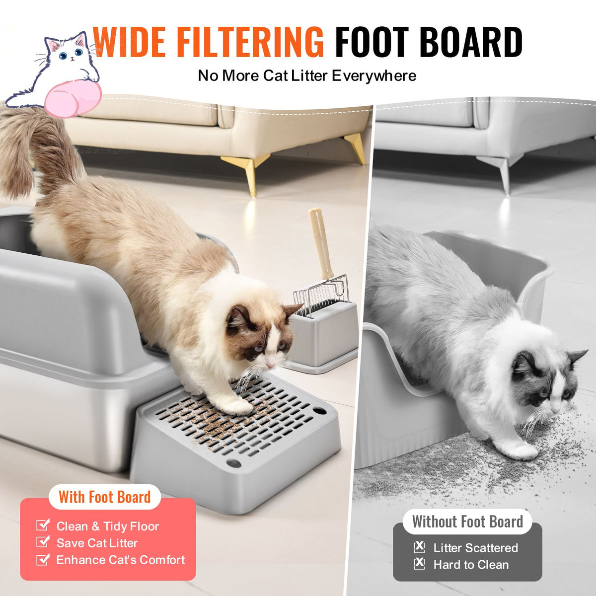 Cat Litter Box, 152 mm Deep, XL Extra Large Stainless Steel Cat Litter Box with Scoop, Wide Filtering Foot Board & High Sides, Enclosed Odor-Free Easy-to-Clean Litter Box, Fit for Big Cats