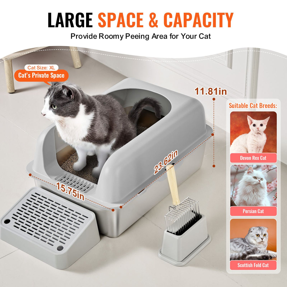 Cat Litter Box, 152 mm Deep, XL Extra Large Stainless Steel Cat Litter Box with Scoop, Wide Filtering Foot Board & High Sides, Enclosed Odor-Free Easy-to-Clean Litter Box, Fit for Big Cats