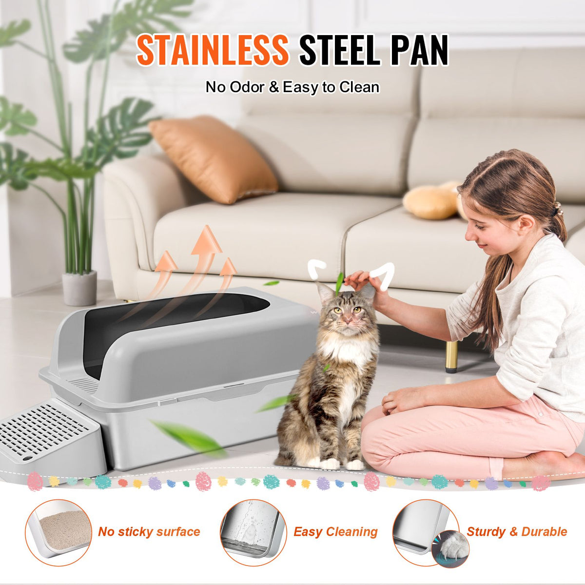 Cat Litter Box, 152 mm Deep, XL Extra Large Stainless Steel Cat Litter Box with Scoop, Wide Filtering Foot Board & High Sides, Enclosed Odor-Free Easy-to-Clean Litter Box, Fit for Big Cats