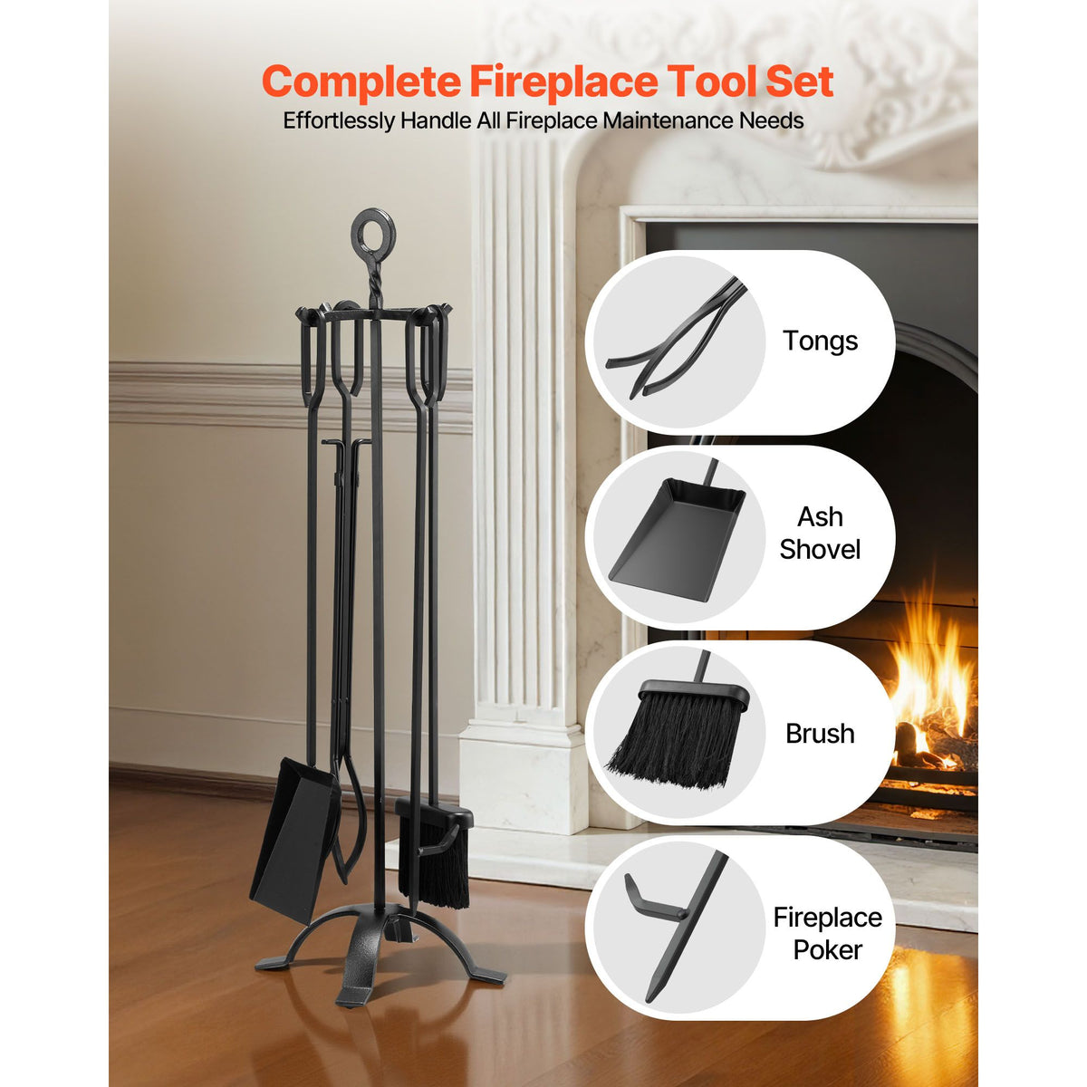 Fireplace Tool Set, 5 PCS Fire Tool Set and Holder with Four-Prong Stand, Tongs, Ash Shovel, Brush, Fire Place Poker, Wrought Iron Fireplace Accessories for Campfire Indoor/Outdoor, Black