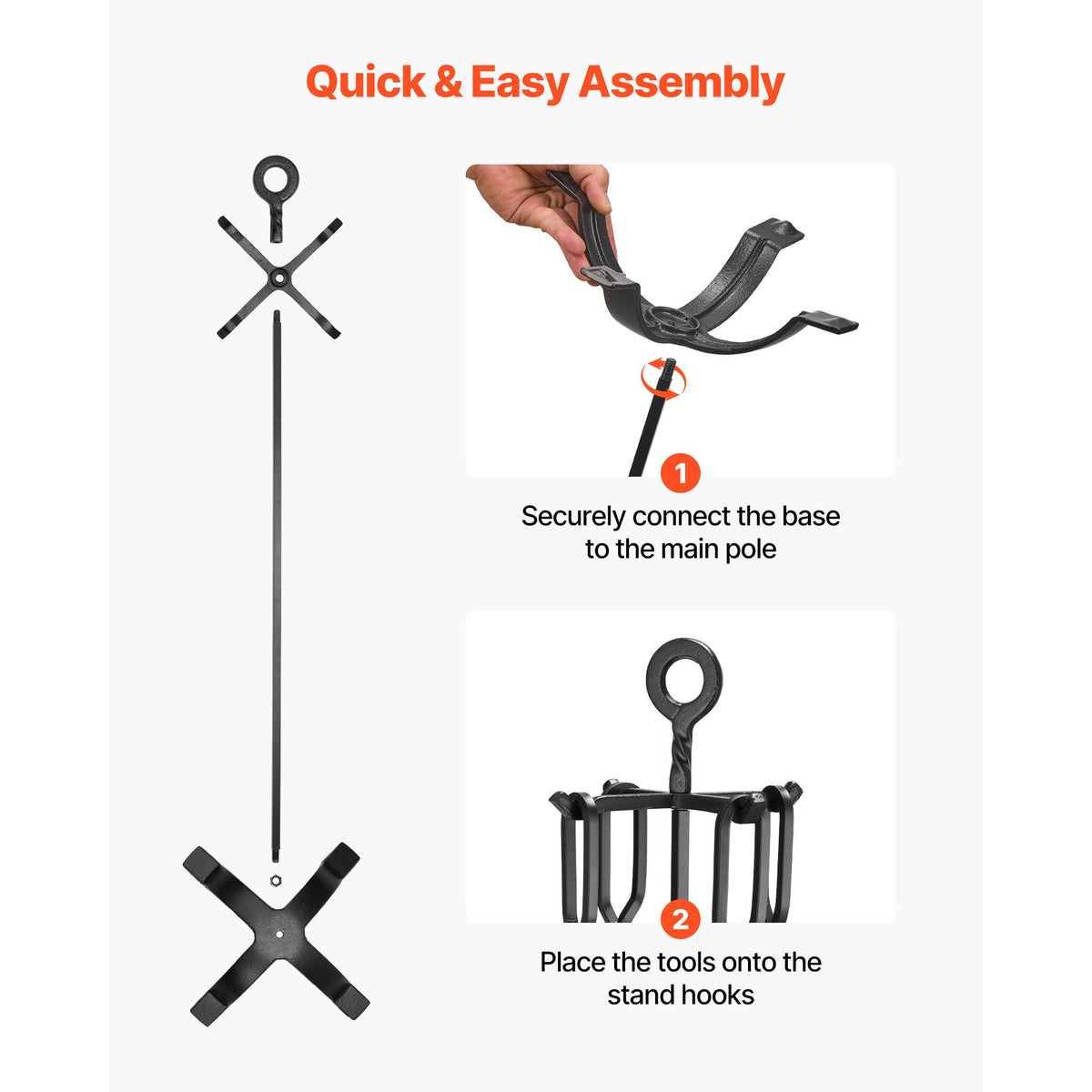 Fireplace Tool Set, 5 PCS Fire Tool Set and Holder with Four-Prong Stand, Tongs, Ash Shovel, Brush, Fire Place Poker, Wrought Iron Fireplace Accessories for Campfire Indoor/Outdoor, Black