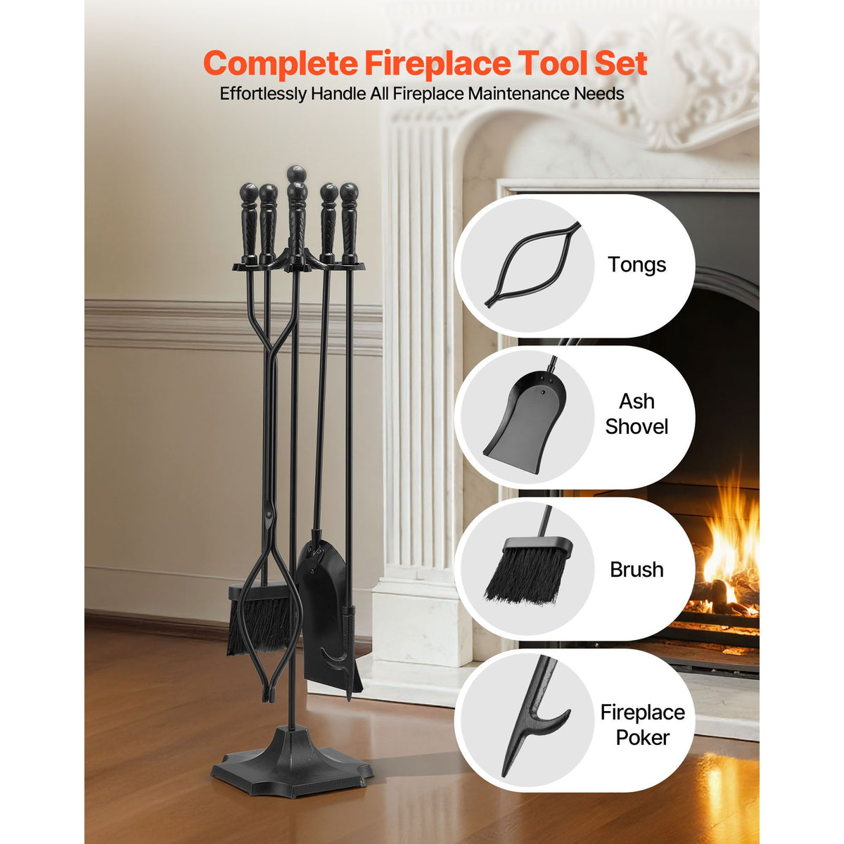 Fireplace Tool Set, 5 PCS Fire Tool Set and Holder with Five-Prong Stand, Tongs, Ash Shovel, Brush, Fire Place Poker, Wrought Iron Fireplace Accessories for Campfire Indoor/Outdoor, Black