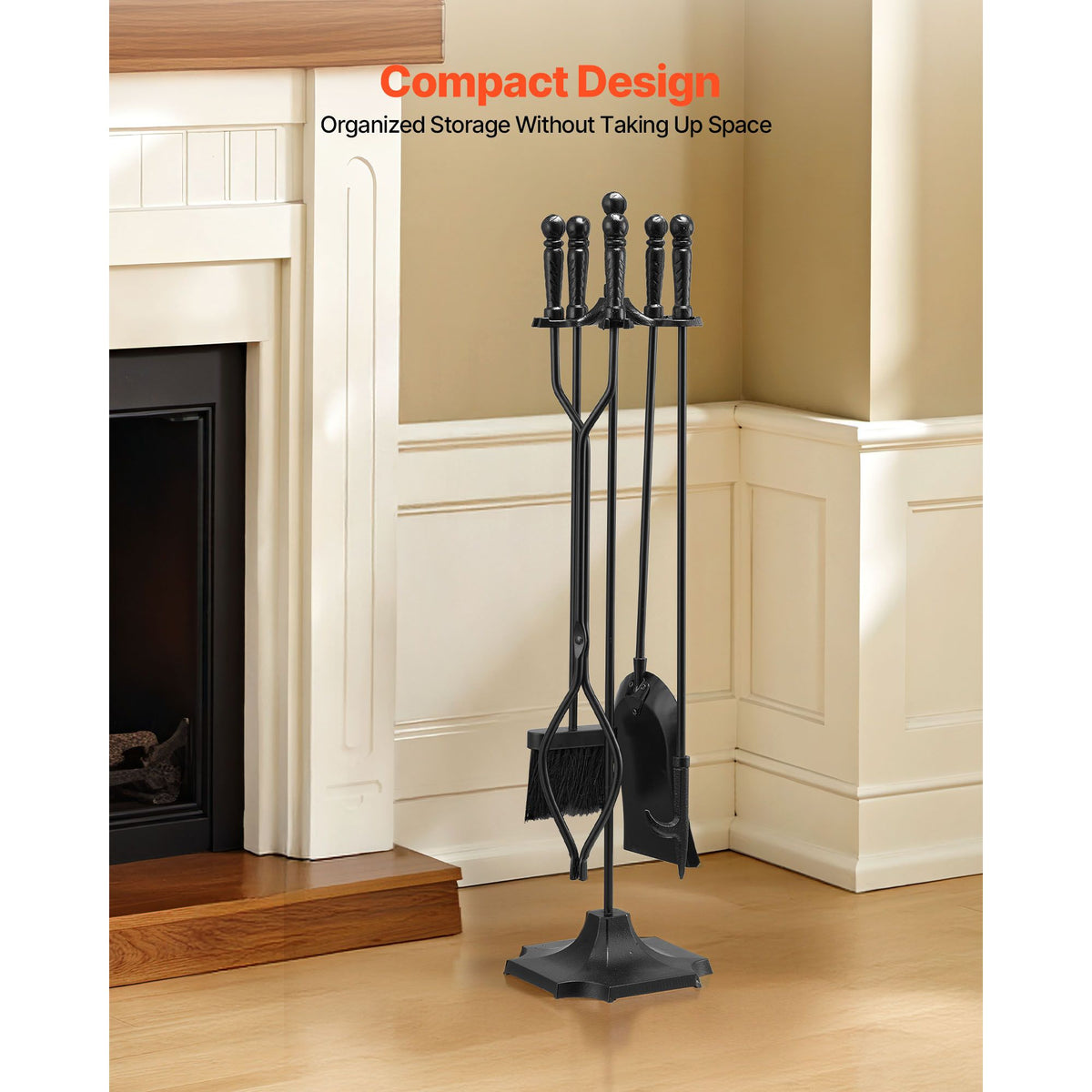 Fireplace Tool Set, 5 PCS Fire Tool Set and Holder with Five-Prong Stand, Tongs, Ash Shovel, Brush, Fire Place Poker, Wrought Iron Fireplace Accessories for Campfire Indoor/Outdoor, Black
