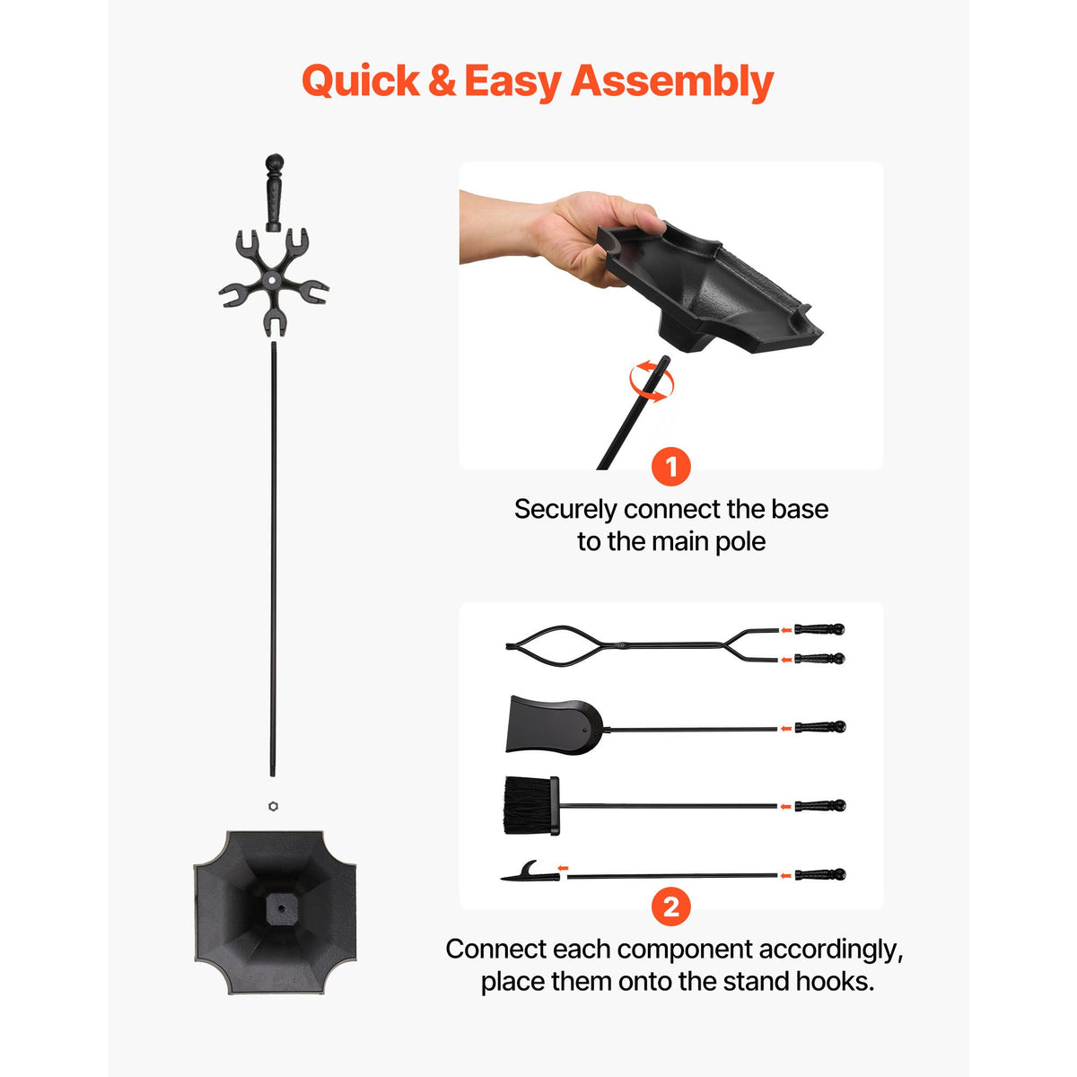 Fireplace Tool Set, 5 PCS Fire Tool Set and Holder with Five-Prong Stand, Tongs, Ash Shovel, Brush, Fire Place Poker, Wrought Iron Fireplace Accessories for Campfire Indoor/Outdoor, Black