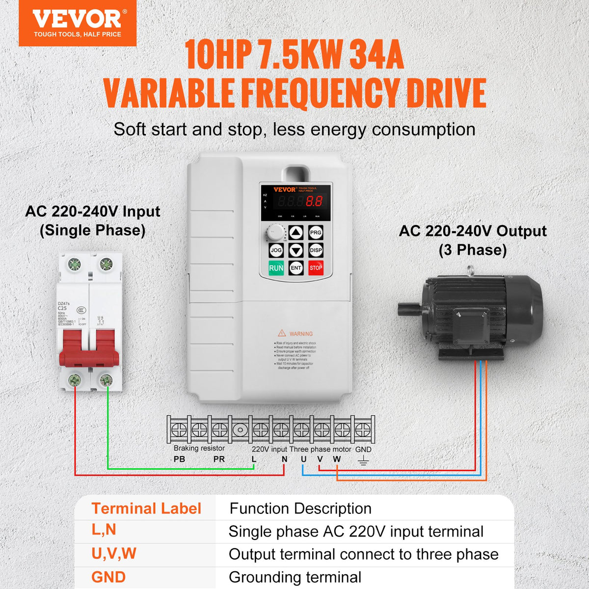 VFD 10HP, 7.5KW, 34A, 1 Phase 220V-240V Input to 3 Phase 220V-240V Output Variable Frequency Drive, 0-400Hz VFD for AC Motor Speed Control
