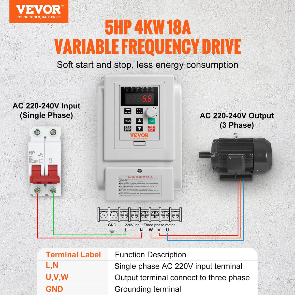 VFD 5HP, 4KW, 18A, 1 Phase 220V-240V Input to 3 Phase 220V-240V Output Variable Frequency Drive, 0-400Hz VFD for AC Motor Speed Control
