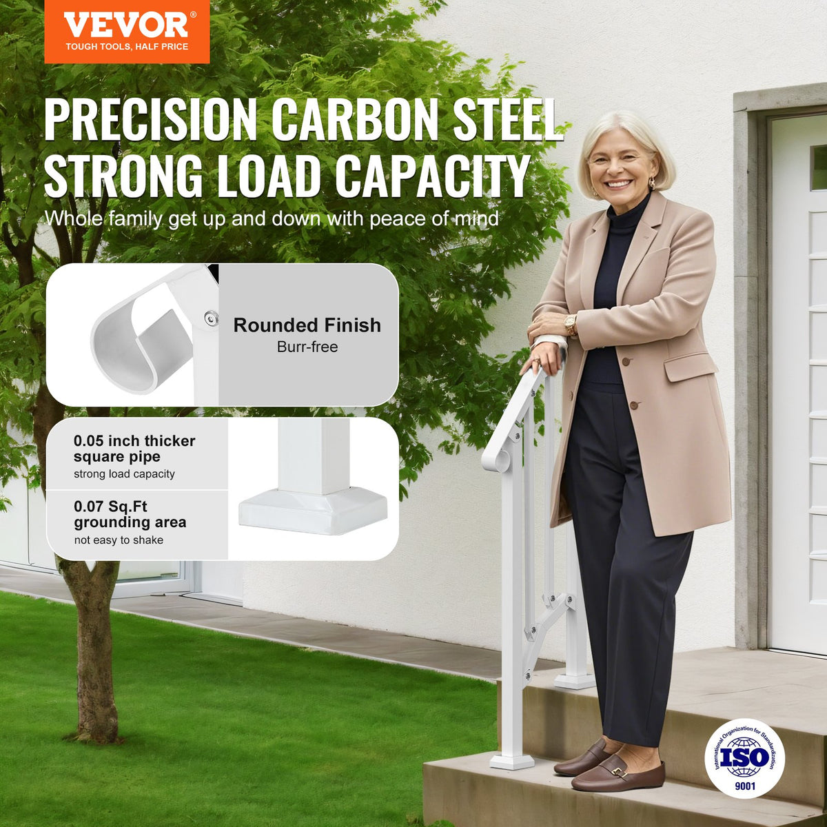 Handrails for Outdoor Steps, 1-2 Step Stair Hand Rail Kit, Transitional Carbon Steel Railings with Installation Kit, Stair Rails for Seniors, Concrete Steps & Porch & Deck, White Retro Arch