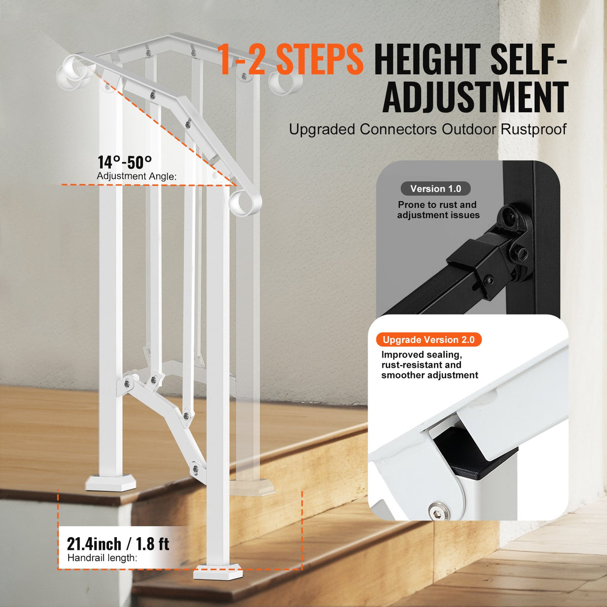 Handrails for Outdoor Steps, 1-2 Step Stair Hand Rail Kit, Transitional Carbon Steel Railings with Installation Kit, Stair Rails for Seniors, Concrete Steps & Porch & Deck, White Retro Arch
