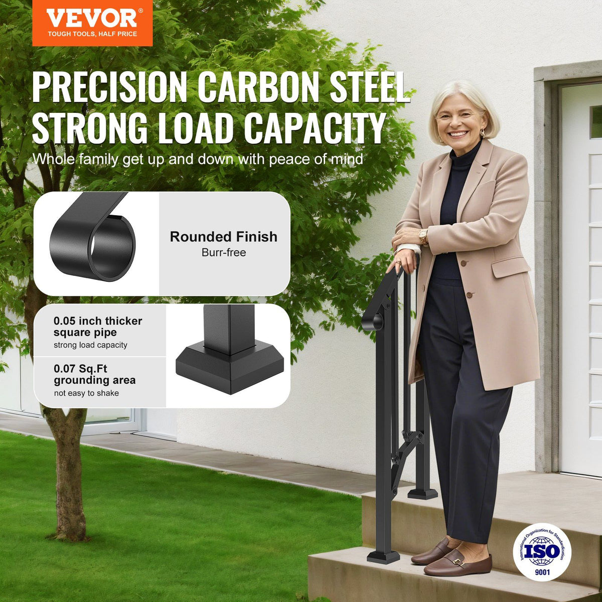 Handrails for Outdoor Steps, 1-2 Step Stair Hand Rail Kit, Transitional Carbon Steel Railings with Installation Kit, Stair Rails for Seniors, Concrete Steps & Porch & Deck, Black Retro Arch