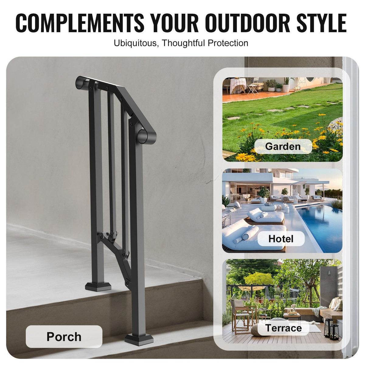 Handrails for Outdoor Steps, 1-2 Step Stair Hand Rail Kit, Transitional Carbon Steel Railings with Installation Kit, Stair Rails for Seniors, Concrete Steps & Porch & Deck, Black Retro Arch
