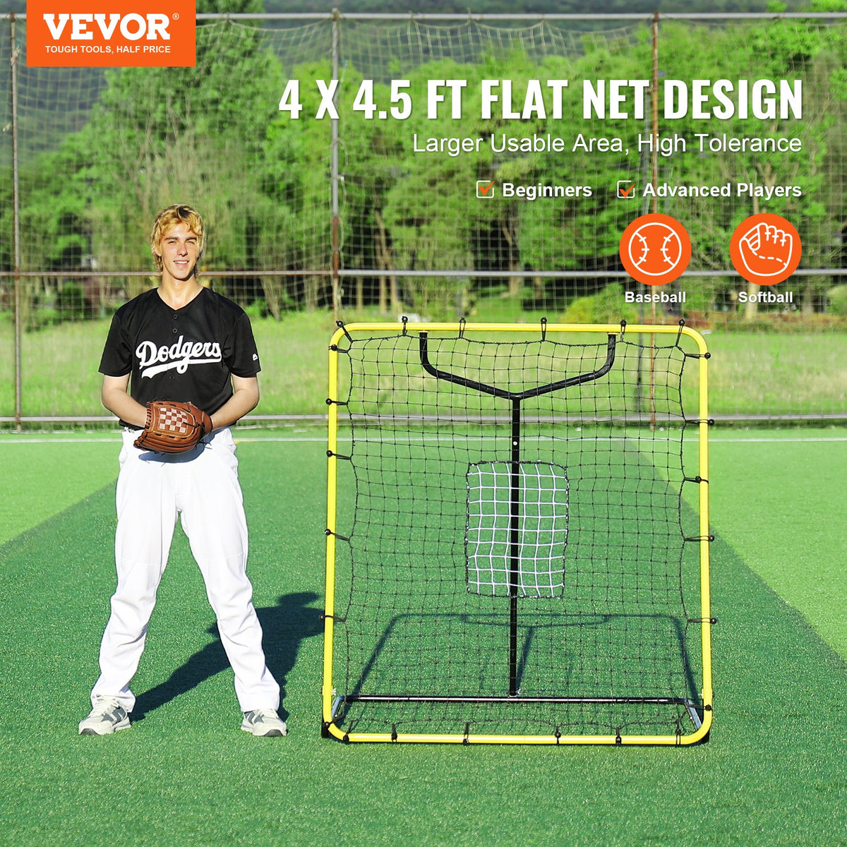 Baseball And Softball Rebounder Net, 4 x 4.5 Feet PitchBack Baseball Nest for Pitching and Fielding Training, Pitch Return Trainer Rebound Net with Pitching Target, 4 Adjustable Angles