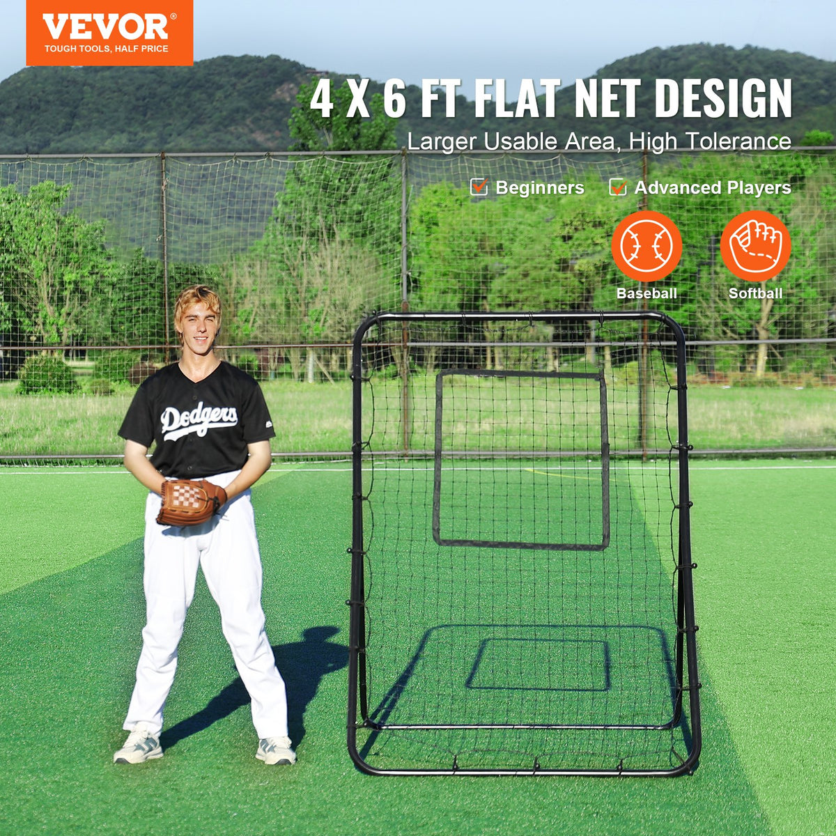 Baseball And Softball Rebounder Net, 4 x 6 Feet PitchBack Baseball Nest for Pitching and Fielding Training, Pitch Return Trainer Rebound Net with Pitching Target, 4 Adjustable Angles