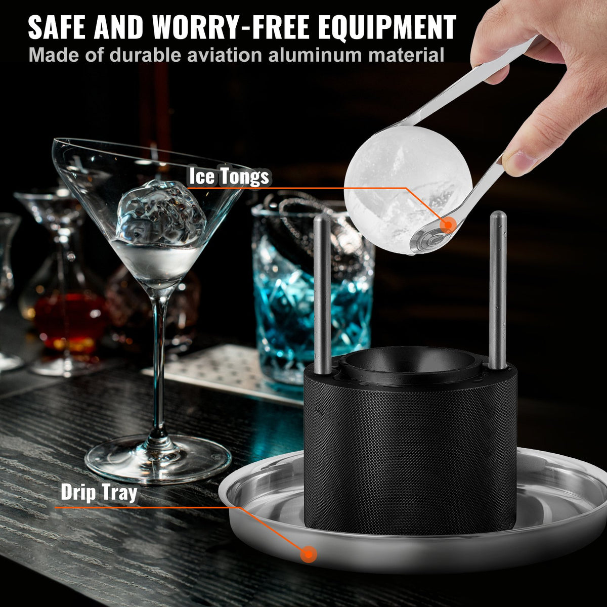 Ice Ball Press, 6cm Ice Ball Maker, Aircraft Al Alloy Ice Ball Press Kit for 60mm Ice Sphere, Ice Press with Tong and Drip Tray, for Whiskey, Cocktail, Bourbon, Scot on Party & Holiday, Black