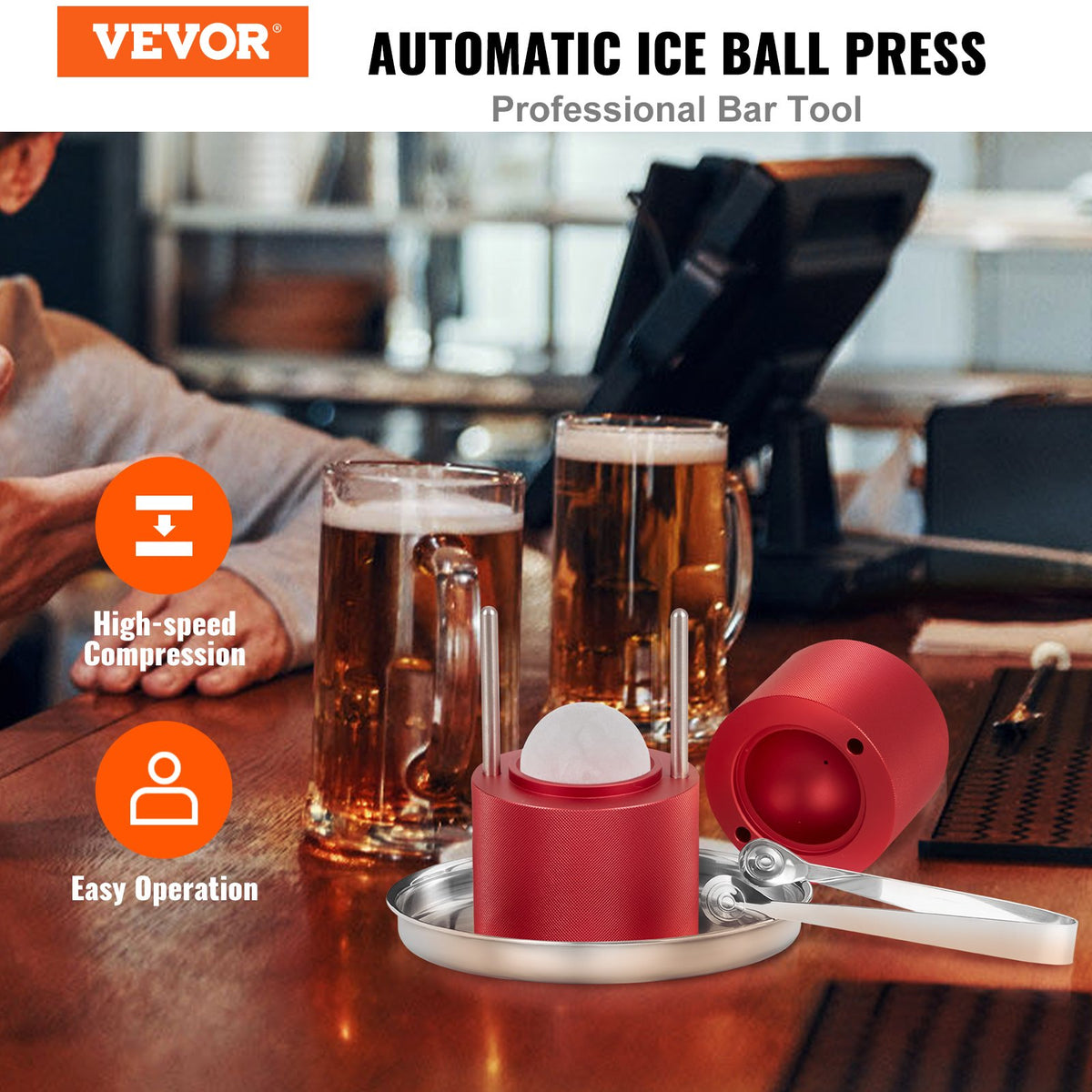 Ice Ball Press, 6cm Ice Ball Maker, Aircraft Al Alloy Ice Ball Press Kit for 60mm Ice Sphere, Ice Press with Tong and Drip Tray, for Whiskey, Cocktail, Bourbon, Scot on Party & Holiday, Red