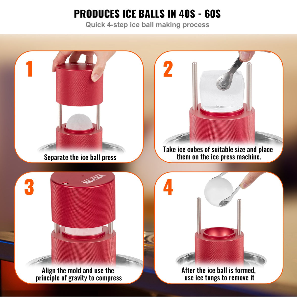 Ice Ball Press, 6cm Ice Ball Maker, Aircraft Al Alloy Ice Ball Press Kit for 60mm Ice Sphere, Ice Press with Tong and Drip Tray, for Whiskey, Cocktail, Bourbon, Scot on Party & Holiday, Red