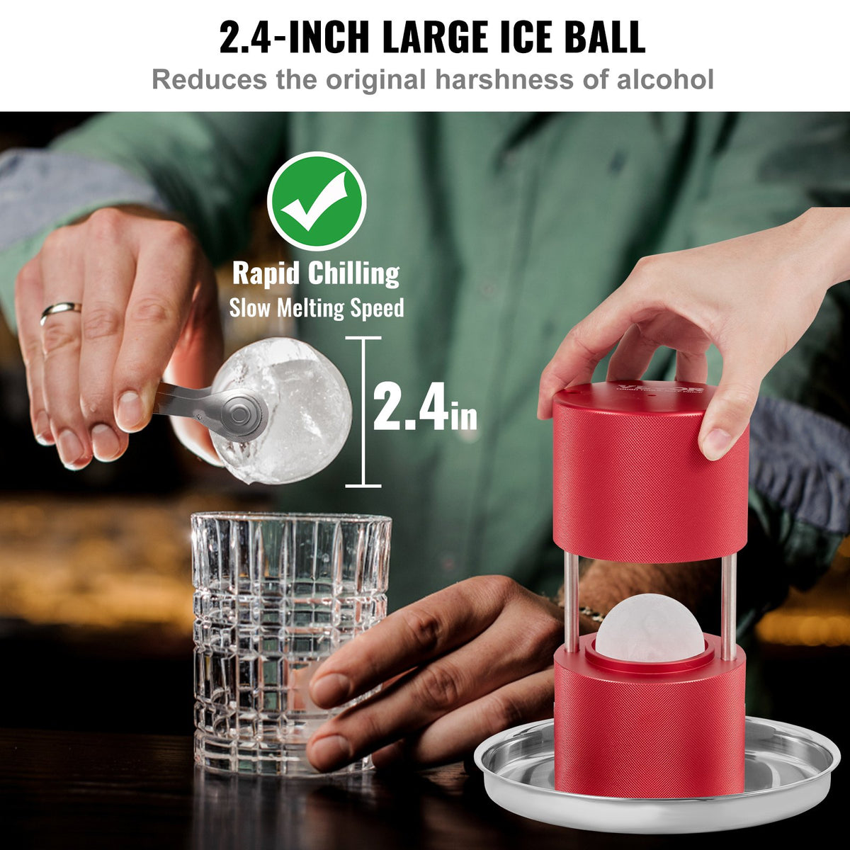 Ice Ball Press, 6cm Ice Ball Maker, Aircraft Al Alloy Ice Ball Press Kit for 60mm Ice Sphere, Ice Press with Tong and Drip Tray, for Whiskey, Cocktail, Bourbon, Scot on Party & Holiday, Red