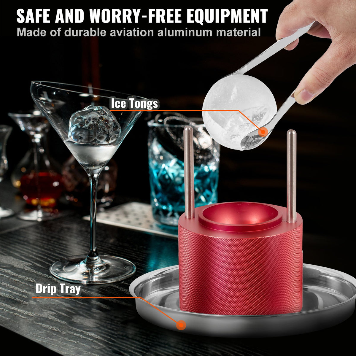 Ice Ball Press, 6cm Ice Ball Maker, Aircraft Al Alloy Ice Ball Press Kit for 60mm Ice Sphere, Ice Press with Tong and Drip Tray, for Whiskey, Cocktail, Bourbon, Scot on Party & Holiday, Red
