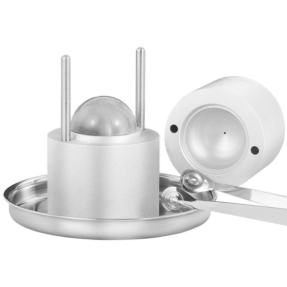 Ice Ball Press Kit, Aircraft Al Alloy Ice Press with Ice Block Mold, Large Mat, Tong, Drip Tray, One Glass, Round Ice Ball Maker 2.4"/60 mm Ice Sphere, for Whiskey, Cocktail on Party & Holiday