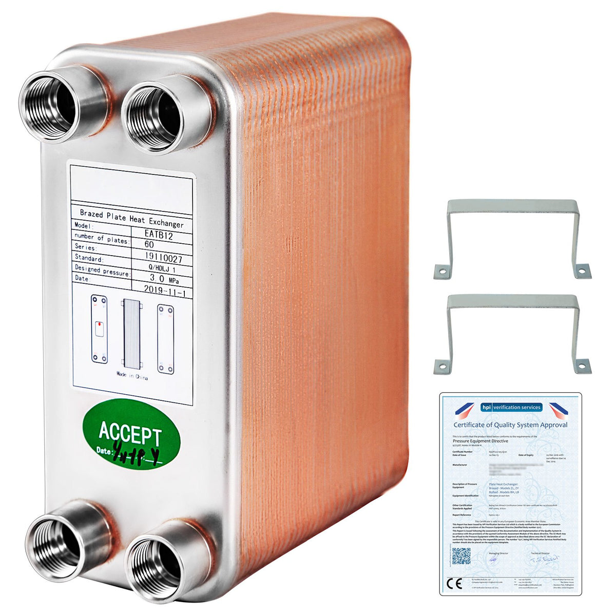 Heat Exchanger 3"x7.5" 60 Plates Brazed Plate Heat Exchanger 316L 1/2" BSP FPT Heat Exchanger EATB12 Beer Wort Chiller for Hydronic Heating