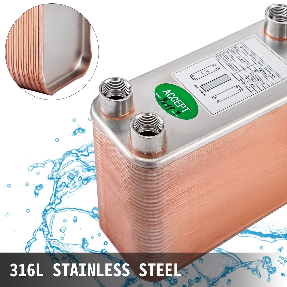 Heat Exchanger 3"x7.5" 60 Plates Brazed Plate Heat Exchanger 316L 1/2" BSP FPT Heat Exchanger EATB12 Beer Wort Chiller for Hydronic Heating