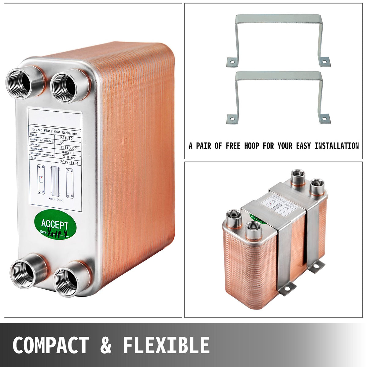Heat Exchanger 3"x7.5" 60 Plates Brazed Plate Heat Exchanger 316L 1/2" BSP FPT Heat Exchanger EATB12 Beer Wort Chiller for Hydronic Heating