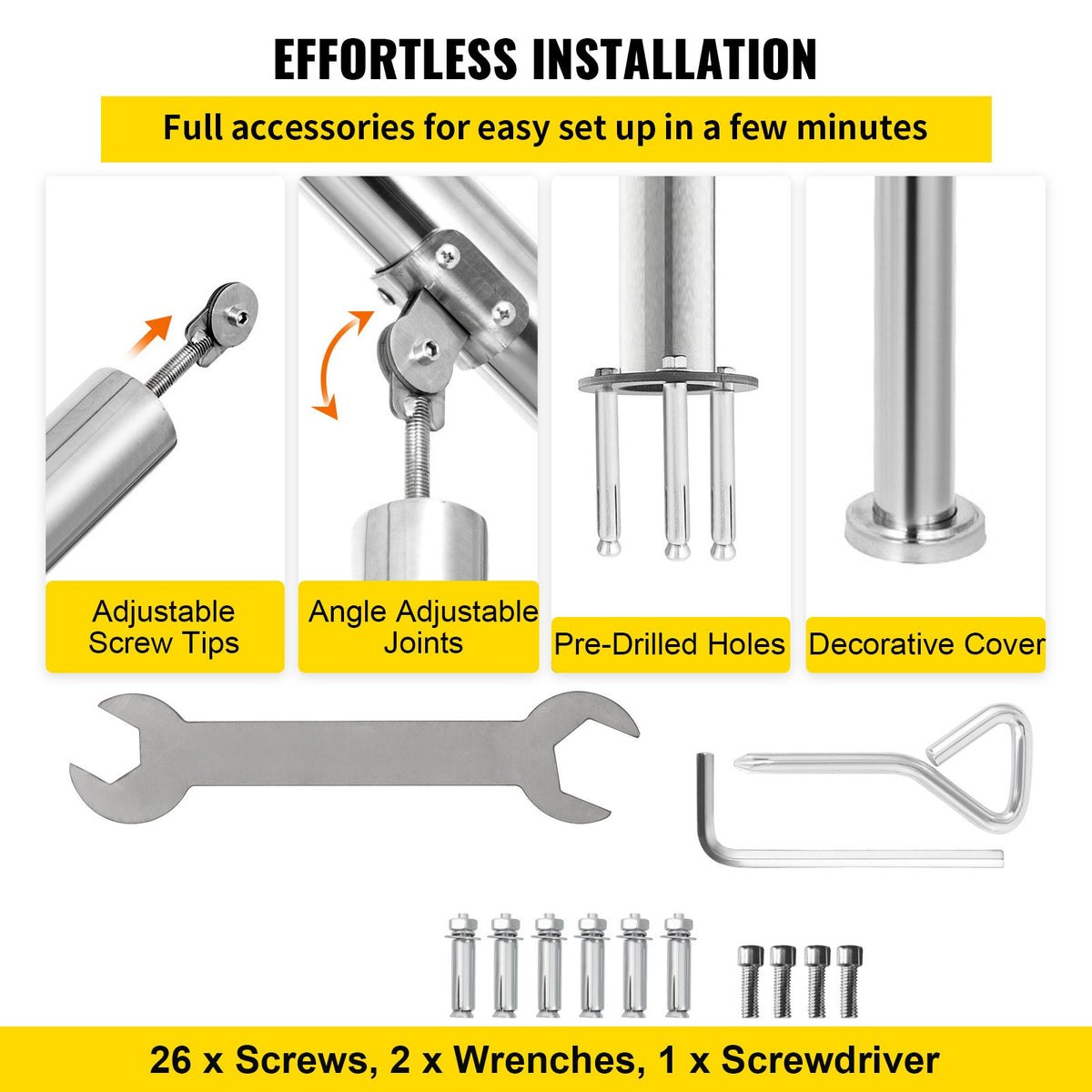 3 Step Railing Stainless Steel Transitional Handrail fit for Level Surface and 1 to 3 Steps Adjustable Stair Railing Indoor Outdoor Step Railings 220lb Capacity W/ Installation Kit Porch DIY