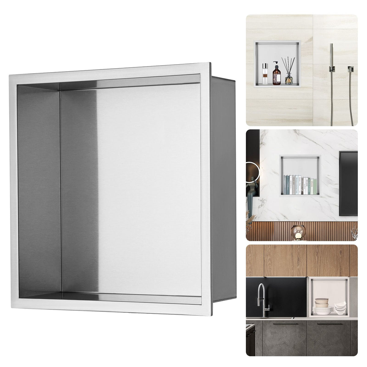 33.02 x 33.02 cm No Tile Shower Niche 304 Stainless Steel, Wall-Inserted Niche Recessed Double Shelves, Sealed Waterproof Rust-Resistant Modern Niche for Shower Bathroom Soap Storage, Silver