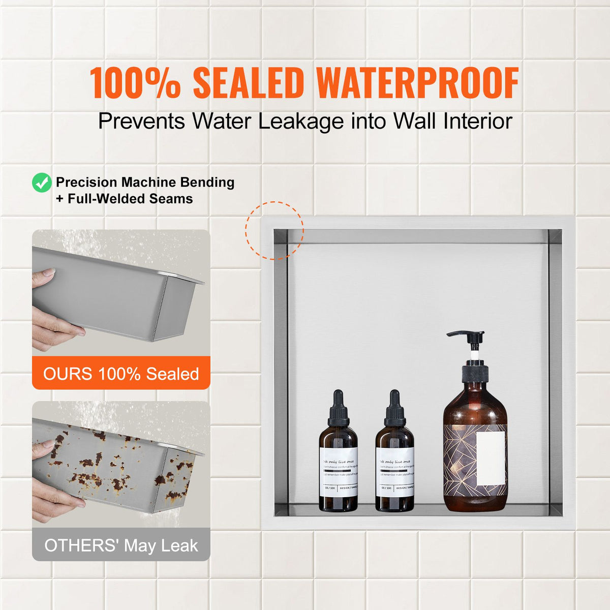 33.02 x 33.02 cm No Tile Shower Niche 304 Stainless Steel, Wall-Inserted Niche Recessed Double Shelves, Sealed Waterproof Rust-Resistant Modern Niche for Shower Bathroom Soap Storage, Silver