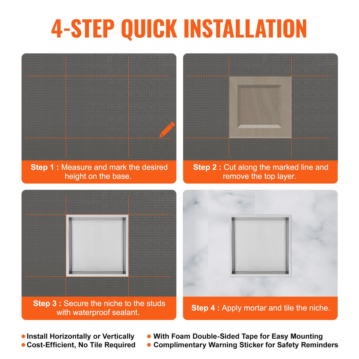 33.02 x 33.02 cm No Tile Shower Niche 304 Stainless Steel, Wall-Inserted Niche Recessed Double Shelves, Sealed Waterproof Rust-Resistant Modern Niche for Shower Bathroom Soap Storage, Silver