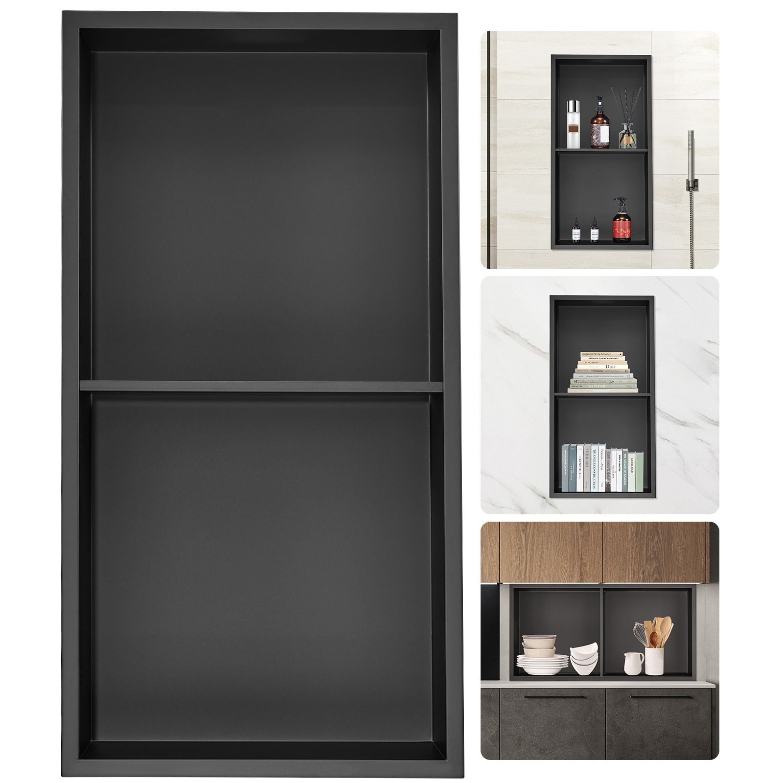 33.02 x 63.5 cm No Tile Shower Niche 304 Stainless Steel, Wall-Inserted Niche Recessed Double Shelves, Sealed Waterproof Rust-Resistant Modern Niche for Shower or Soap Storage Bathroom